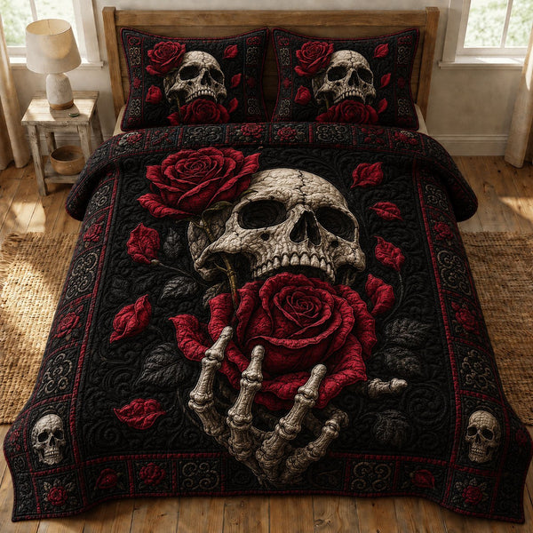 Crimson Rose Skull 3-Piece Quilted Bedding Set — quilt and two matching pillow shams