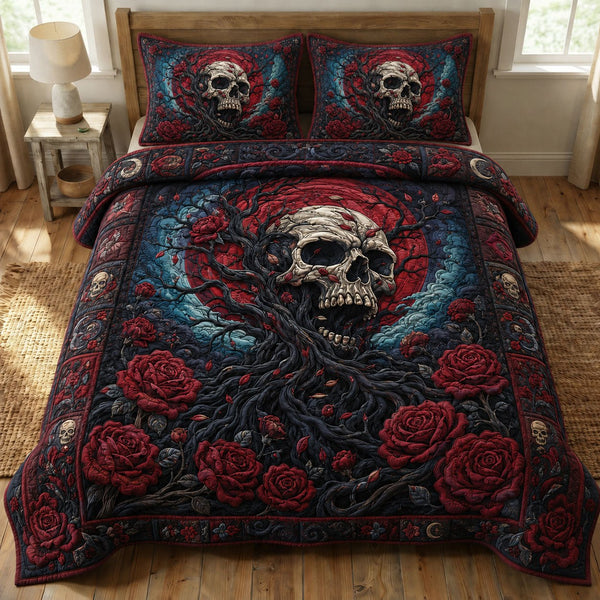 Dark Rose Revenant quilted 3-piece bedding set on a made bed with two matching pillow shams
