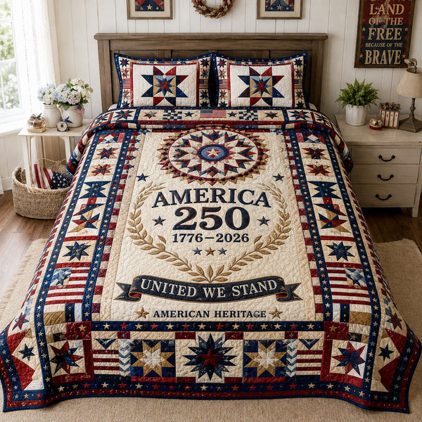America 250 quilted 3-piece bedding set on a made bed in a warmly lit bedroom