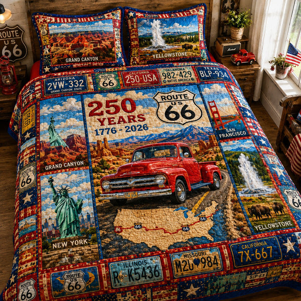 America 250 quilted 3-piece bedding set on a made bed in a warmly lit bedroom