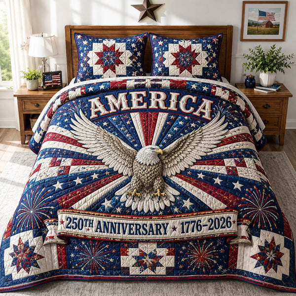 America 250 quilted 3-piece bedding set on a made bed in a warmly lit bedroom