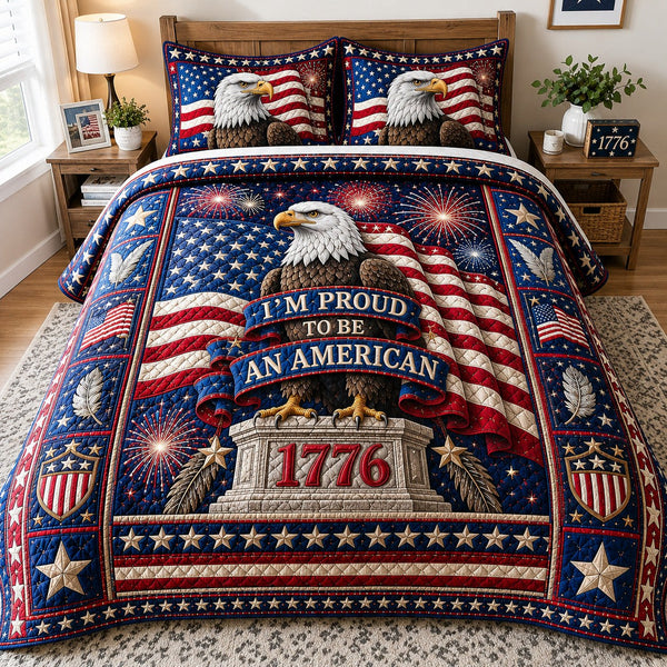 America 250 quilted 3-piece bedding set on a made bed in a warmly lit bedroom