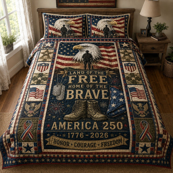 America 250 quilted 3-piece bedding set on a made bed in a warmly lit bedroom