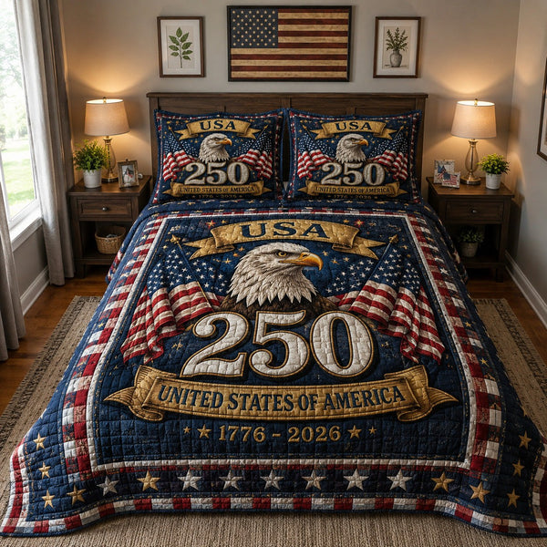 America 250 quilted 3-piece bedding set on a made bed in a warmly lit bedroom