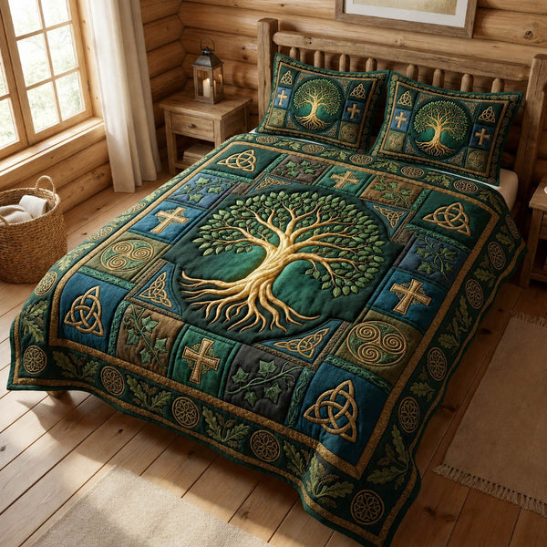 Celtic Tree Of Life quilted 3-piece bedding set on a made bed with two matching pillow shams