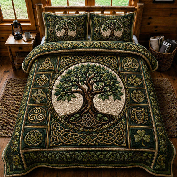 Celtic Tree Of Life quilted 3-piece bedding set on a made bed with two matching pillow shams