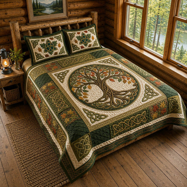 Celtic Tree Of Life quilted 3-piece bedding set on a made bed with two matching pillow shams
