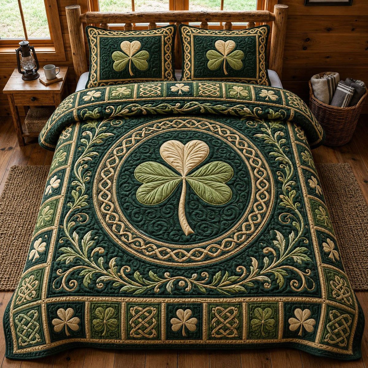 Celtic Shamrock 3-Piece Quilted Bedding Set - Design 2 — quilt and two matching pillow shams