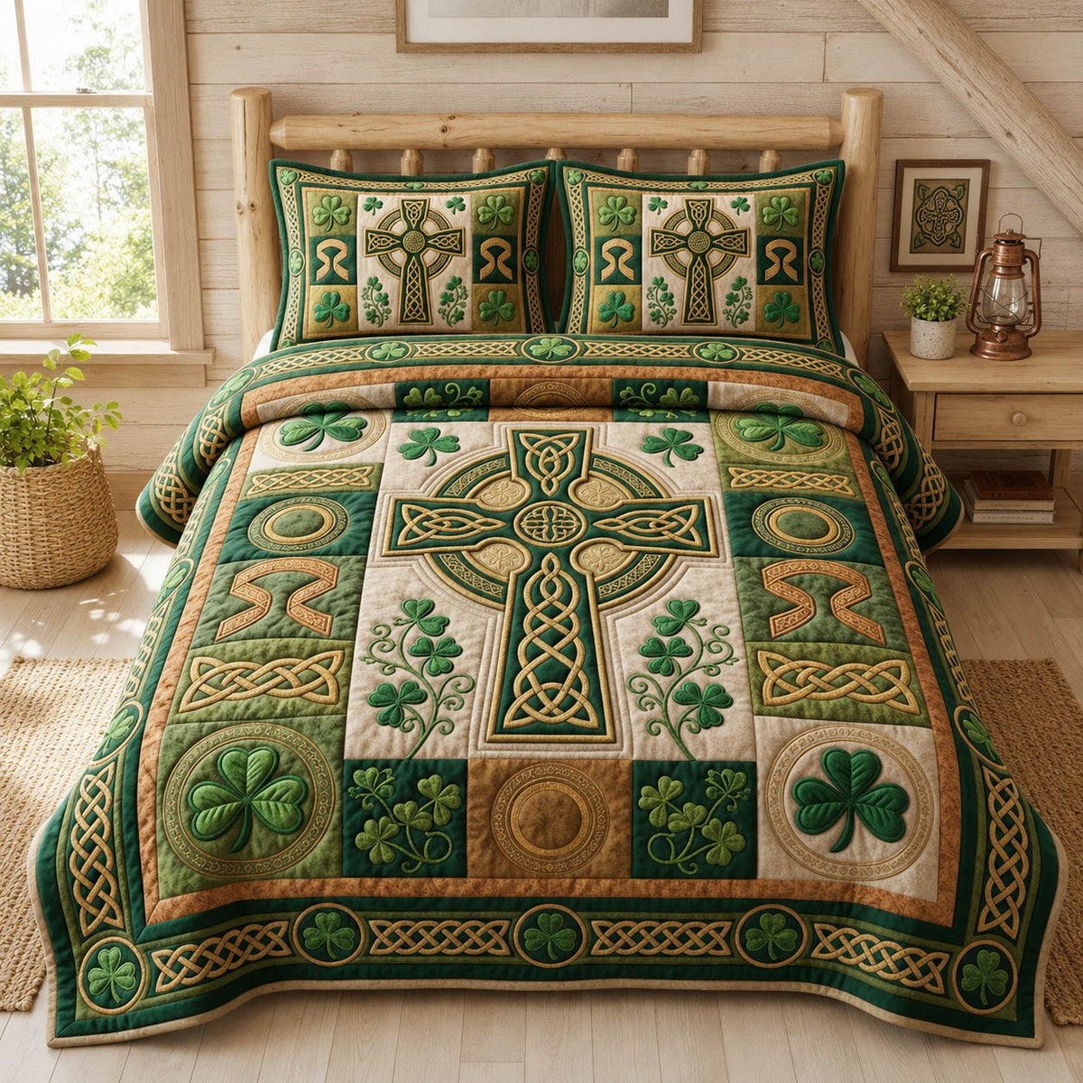 Celtic Cross 3-Piece Quilted Bedding Set - Design 1 — quilt and two matching pillow shams