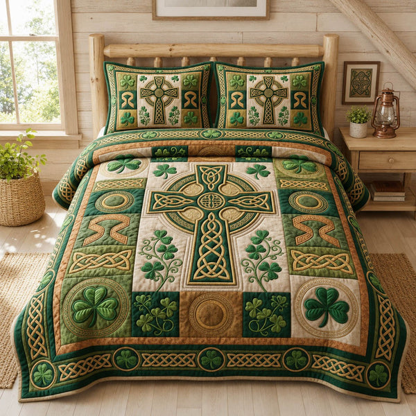 Celtic Cross quilted 3-piece bedding set on a made bed in a softly lit bedroom