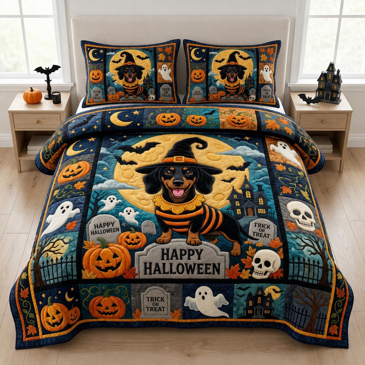 Dachshund Halloween 3-Piece Quilted Bedding Set - Design 1 — quilt and two matching pillow shams