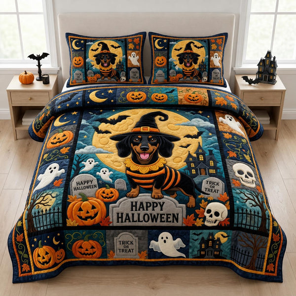 Dachshund Halloween 3-Piece Quilted Bedding Set - Design 1 — quilt and two matching pillow shams