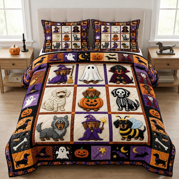 Dachshund Halloween 3-Piece Quilted Bedding Set - Design 3 — quilt and two matching pillow shams