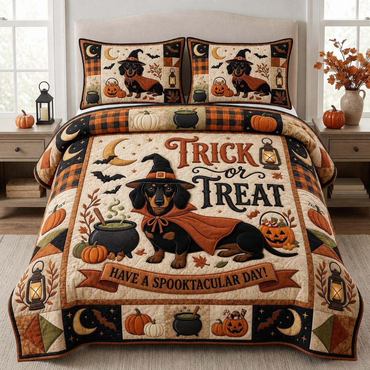 Dachshund Halloween 3-Piece Quilted Bedding Set - Design 4 — quilt and two matching pillow shams