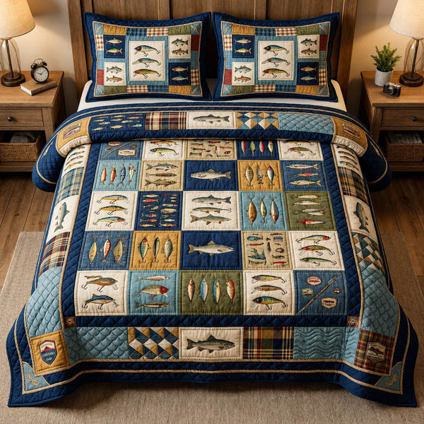 Fishing Lodge quilted 3-piece bedding set on a made bed with two matching pillow shams
