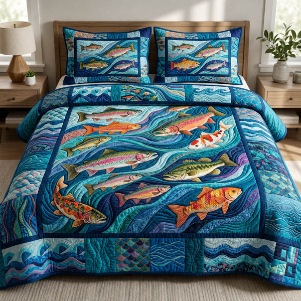 Blue Fishing quilted 3-piece bedding set on a made bed with two matching pillow shams
