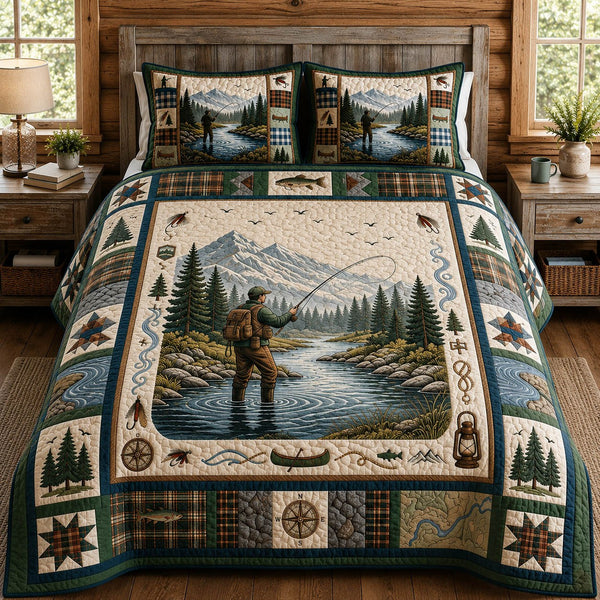 Fishing Life 3-Piece Quilted Bedding Set - Design 1 — quilt and two matching pillow shams