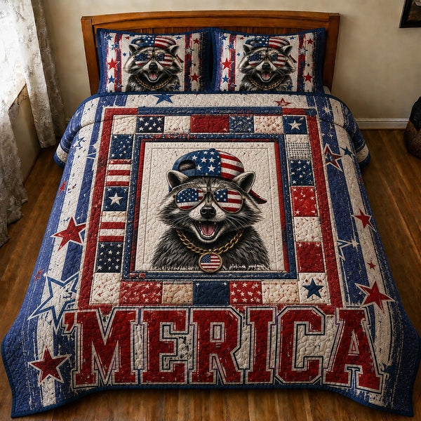 Americana raccoon quilted 3-piece bedding set on a made bed in a warmly lit bedroom