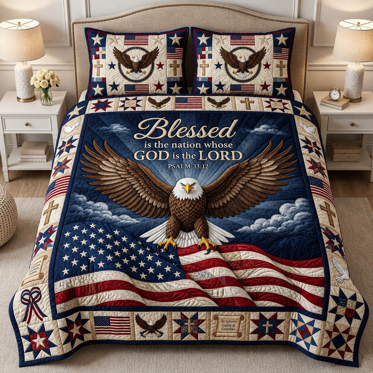 Faithful Patriotic Eagle 3-Piece Quilted Bedding Set — quilt and two matching pillow shams
