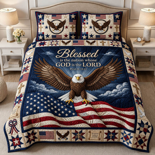 Faithful Patriotic Eagle quilted 3-piece bedding set on a made bed in a warmly lit bedroom