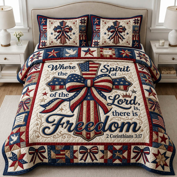 Faith Cross quilted 3-piece bedding set on a made bed in a softly lit bedroom