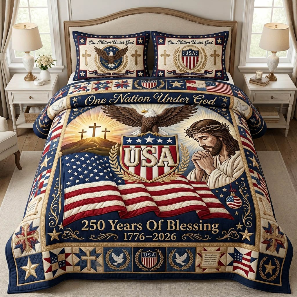 Christian Patriotic 3-Piece Quilted Bedding Set - Design 1 — quilt and two matching pillow shams