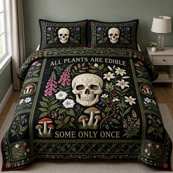 All Plants Are Edible quilted 3-piece bedding set on a made bed with two matching pillow shams