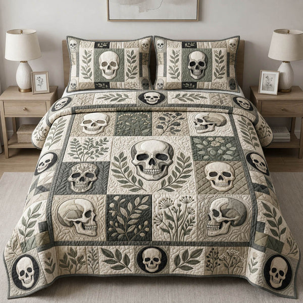 Botanical Skull Mosaic quilted 3-piece bedding set on a made bed against a dark styled interior