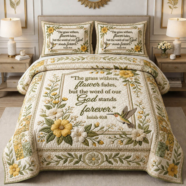 Faith Garden quilted 3-piece bedding set on a made bed in a softly lit bedroom