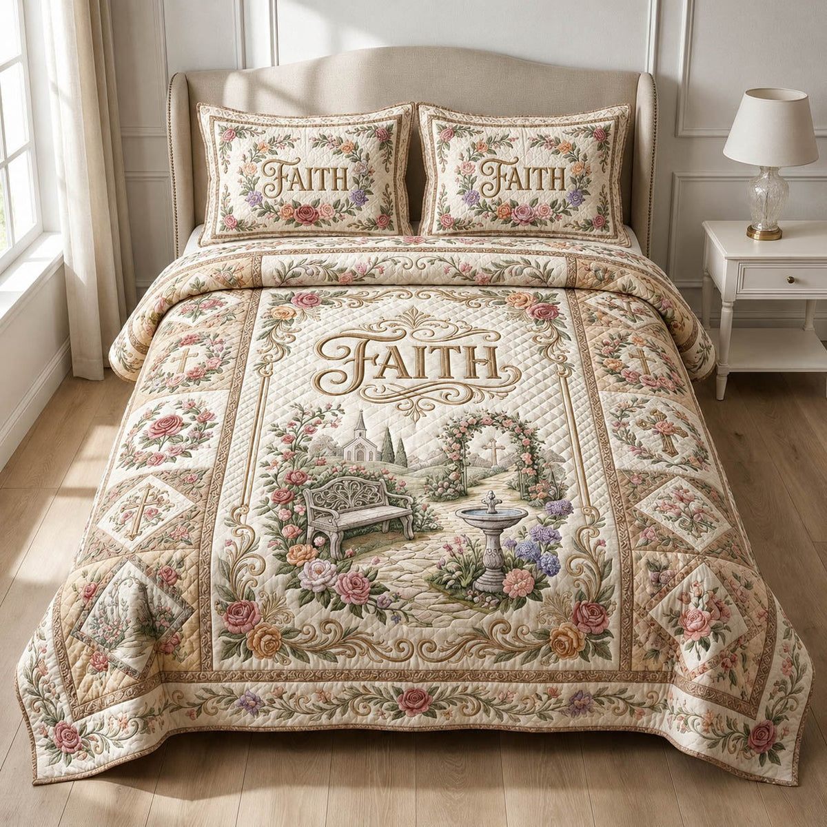 Faith Garden 3-Piece Quilted Bedding Set - Design 2 — quilt and two matching pillow shams
