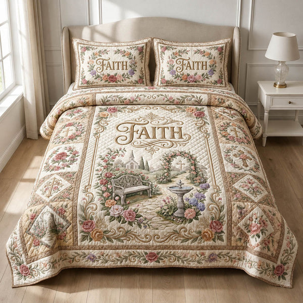 Faith Garden quilted 3-piece bedding set on a made bed in a softly lit bedroom