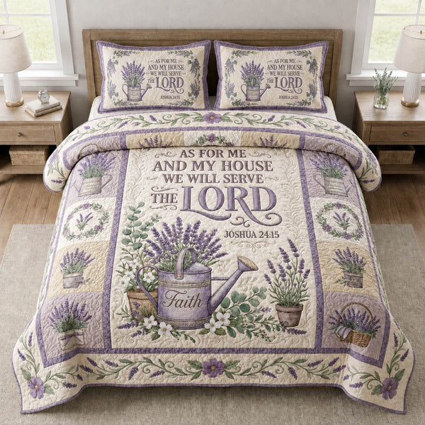 Faithful Garden Lavender quilted 3-piece bedding set on a made bed in a softly lit bedroom
