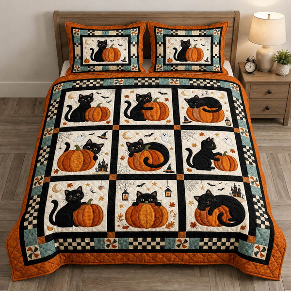 Cat Pumpkin Patch quilted 3-piece bedding set on a made bed against a dark styled interior