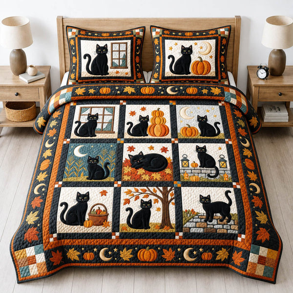 Cat Pumpkin Patch quilted 3-piece bedding set on a made bed against a dark styled interior