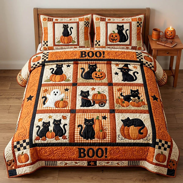 Cat Pumpkin Patch quilted 3-piece bedding set on a made bed against a dark styled interior