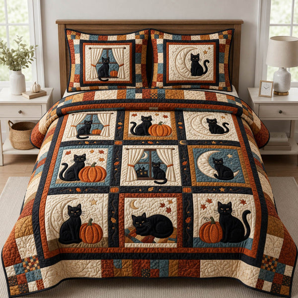 Cat Pumpkin Patch quilted 3-piece bedding set on a made bed against a dark styled interior