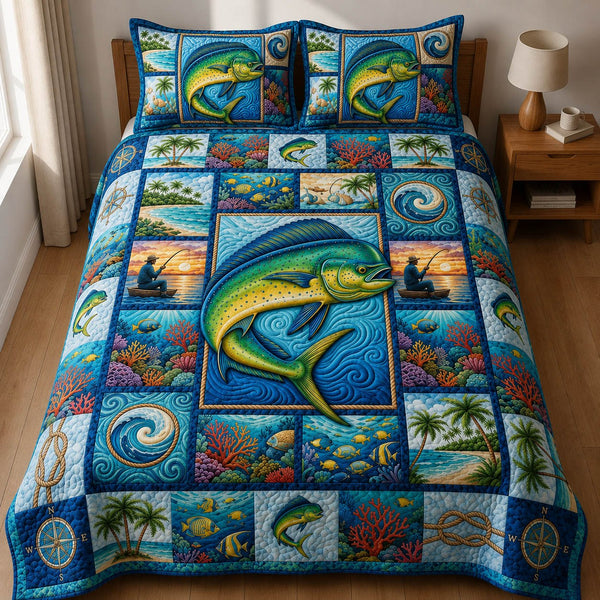 Beach Fishing Mahi Mahi quilted 3-piece bedding set on a made bed in a light coastal bedroom