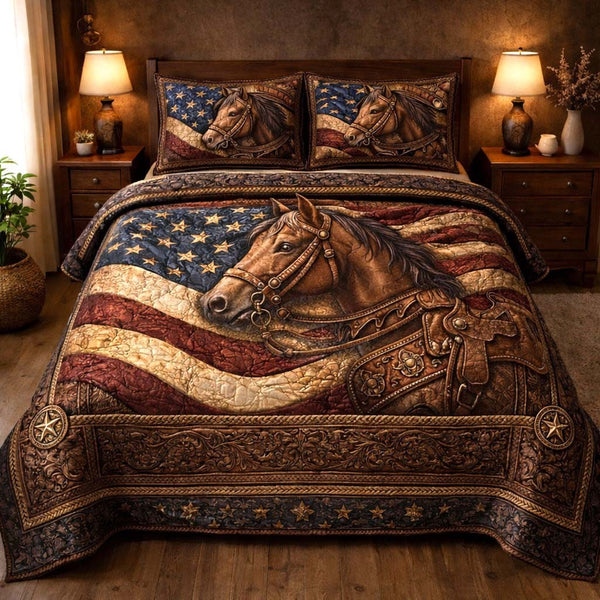 Country Horse 3-Piece Quilted Bedding Set - Design 1 — quilt and two matching pillow shams