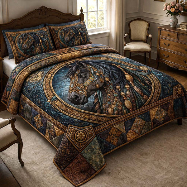 Country Horse 3-Piece Quilted Bedding Set - Design 2 — quilt and two matching pillow shams