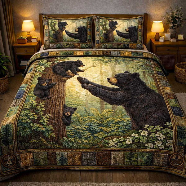 Cabin Wilderness quilted 3-piece bedding set on a made bed with two matching pillow shams