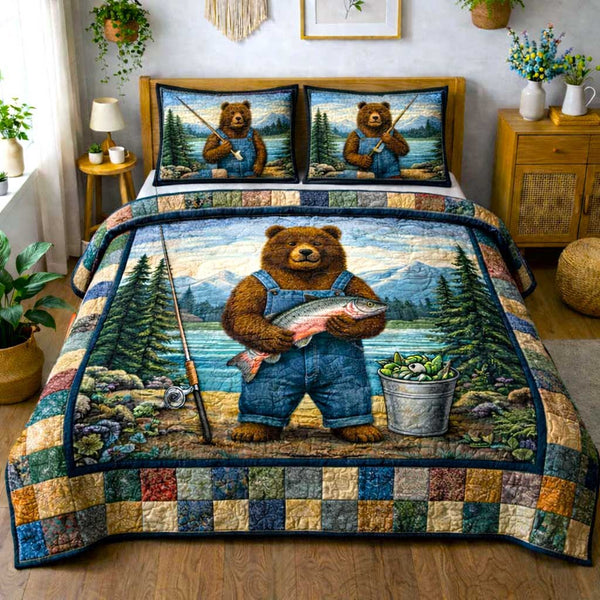 Bass Angler quilted 3-piece bedding set on a made bed with two matching pillow shams
