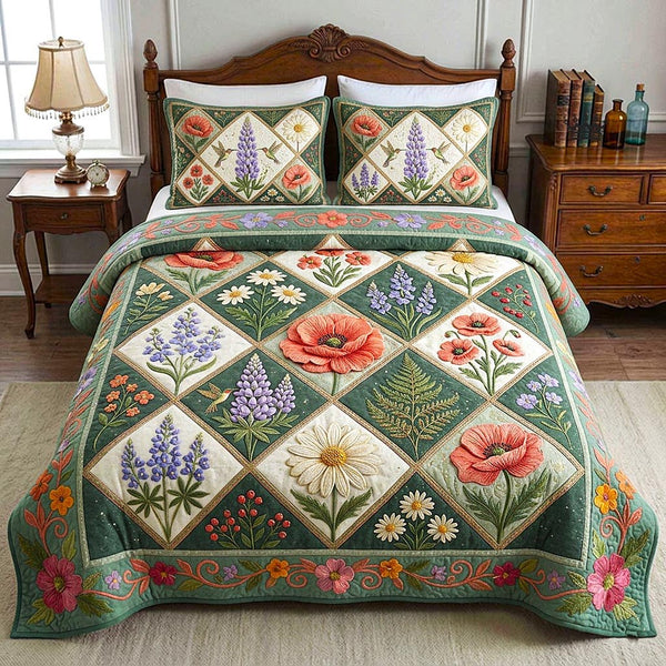 Bloom Patchwork quilted 3-piece bedding set on a made bed in a farmhouse bedroom