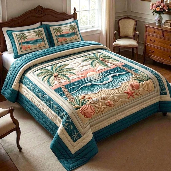 Beachside quilted 3-piece bedding set on a made bed in a light coastal bedroom