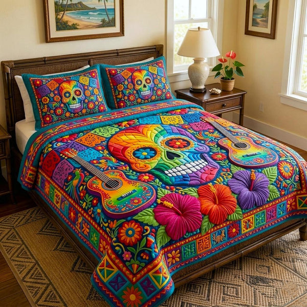 Cinco Fiesta quilted 3-piece bedding set on a made bed with two matching pillow shams