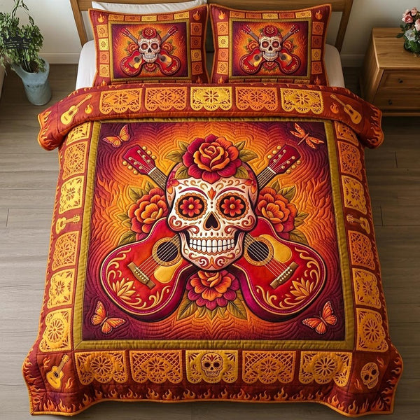 Fiesta Celebration quilted 3-piece bedding set on a made bed with two matching pillow shams