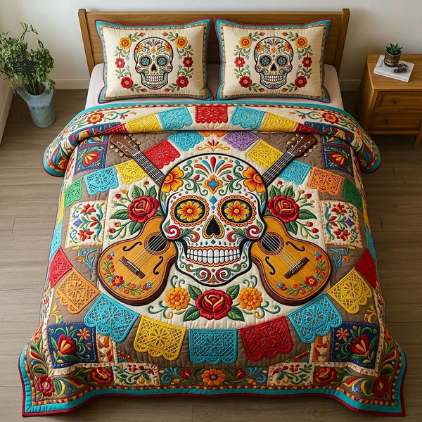 Cinco Party quilted 3-piece bedding set on a made bed with two matching pillow shams
