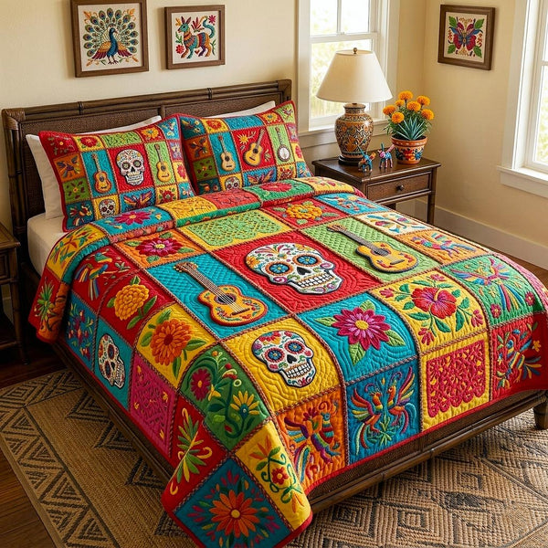 Fiesta Nights quilted 3-piece bedding set on a made bed with two matching pillow shams