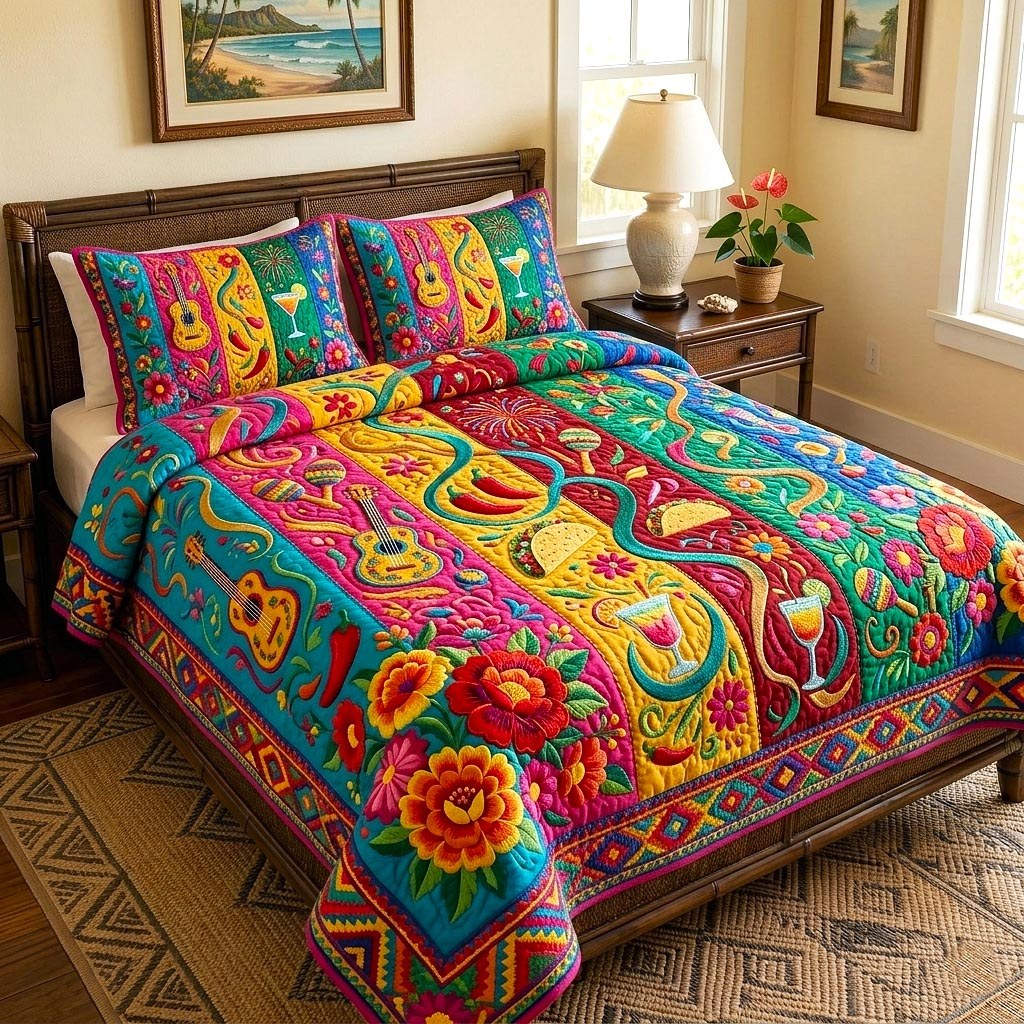 Colorful Fiesta 3-Piece Quilted Bedding Set — quilt and two matching pillow shams