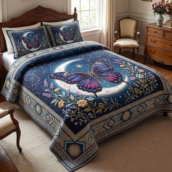 Butterfly Bloom quilted 3-piece bedding set on a made bed with two matching pillow shams