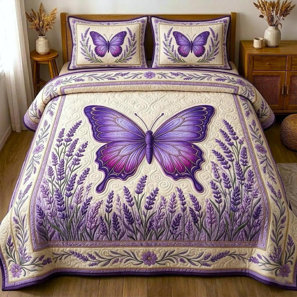 Butterfly Dream 3-Piece Quilted Bedding Set - Design 1 — quilt and two matching pillow shams